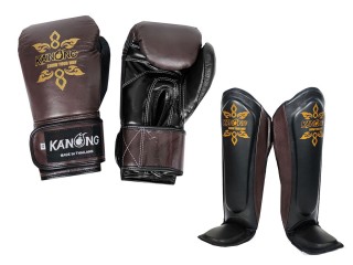 Kanong Valódi bőr  Muay Thai kesztyű + lábszárvédő  : Barna/Fekete